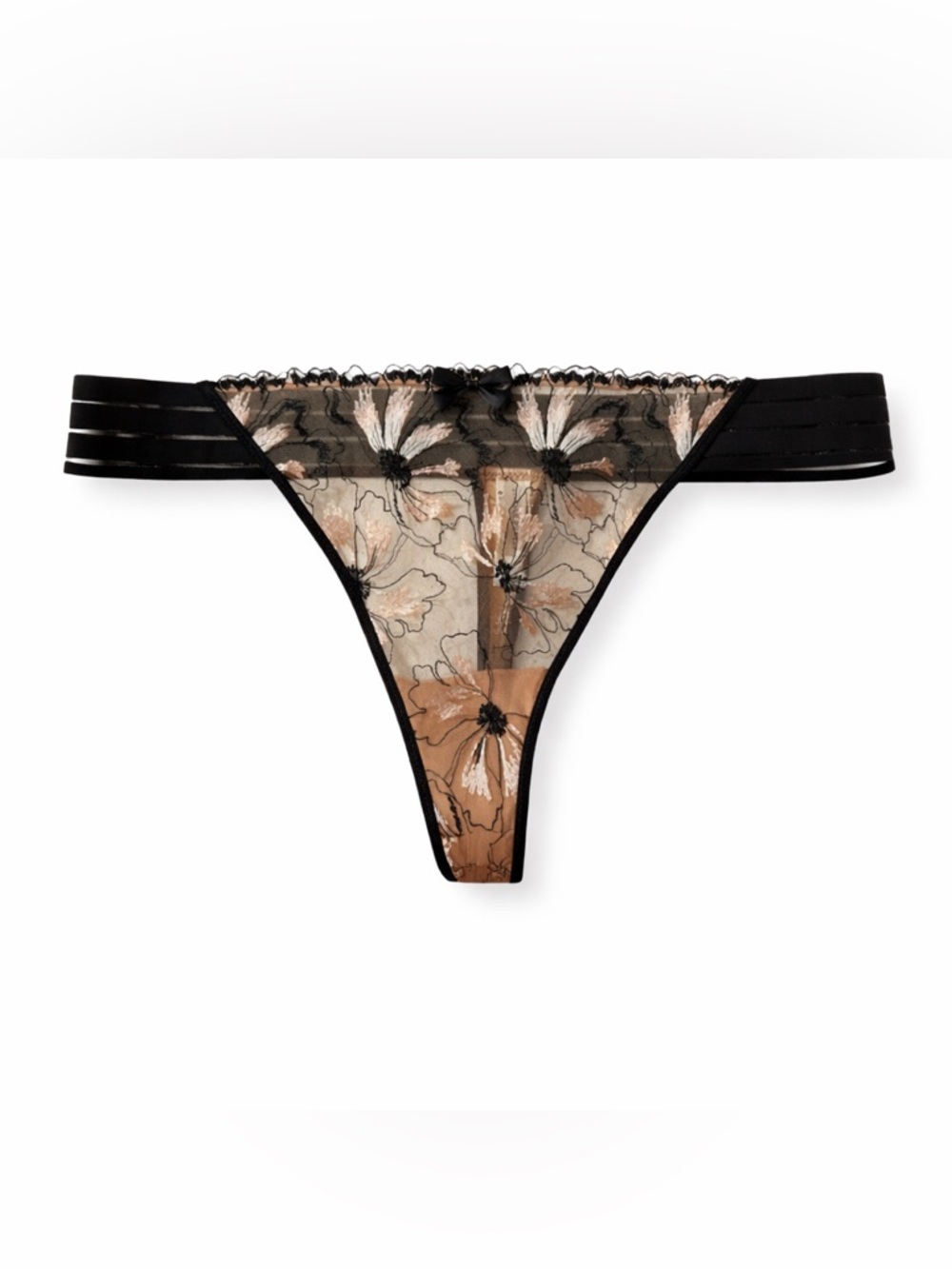 Simone Perele Sheer Embroidered Thong Tan Black Size L NWT